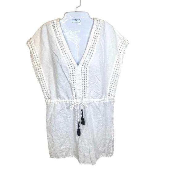 J. CREW White Embroidered Linen Beach Swimsuit Cover-Up Tunic Tassel Sz XXS - Picture 1 of 12